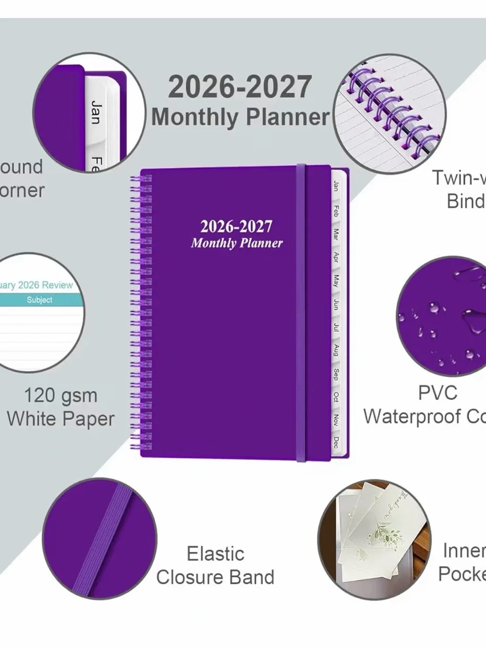 2026-2027 Monthly Planner - Purple Spiral Notebook A4
